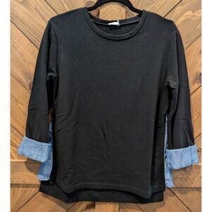Vince Black Soft Crewneck Pullover Sweatshirt With Chambray Details Womens XS